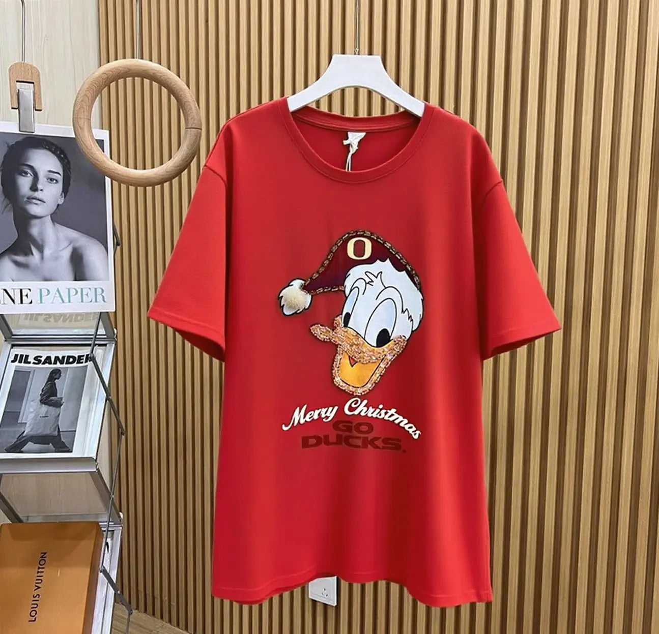 Full of Festive Feel! Donald Duck Rhinestone Christmas T - shirt