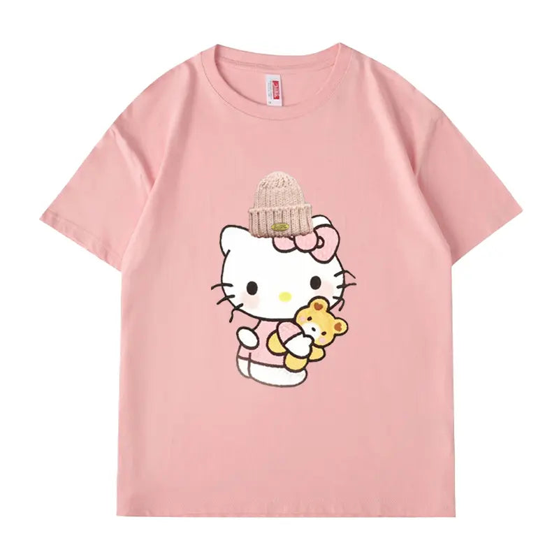 Heart - Melting! Hello Kitty T - shirt with Knitted Hat and Teddy Bear