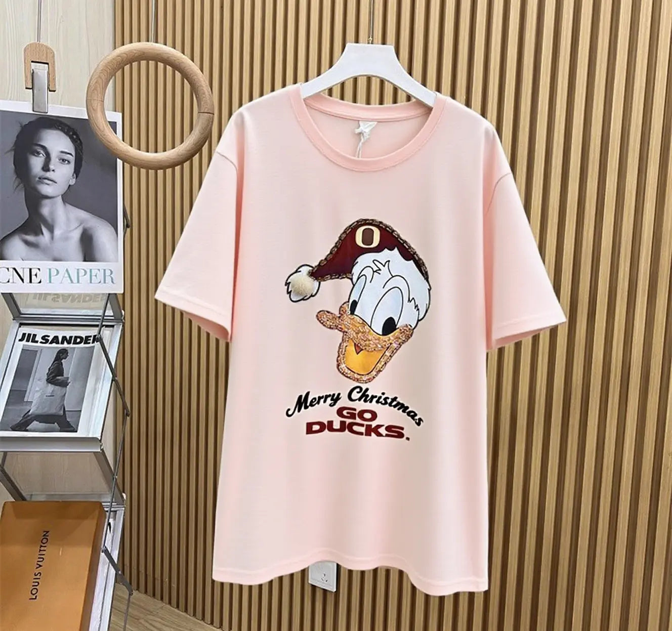 Full of Festive Feel! Donald Duck Rhinestone Christmas T - shirt
