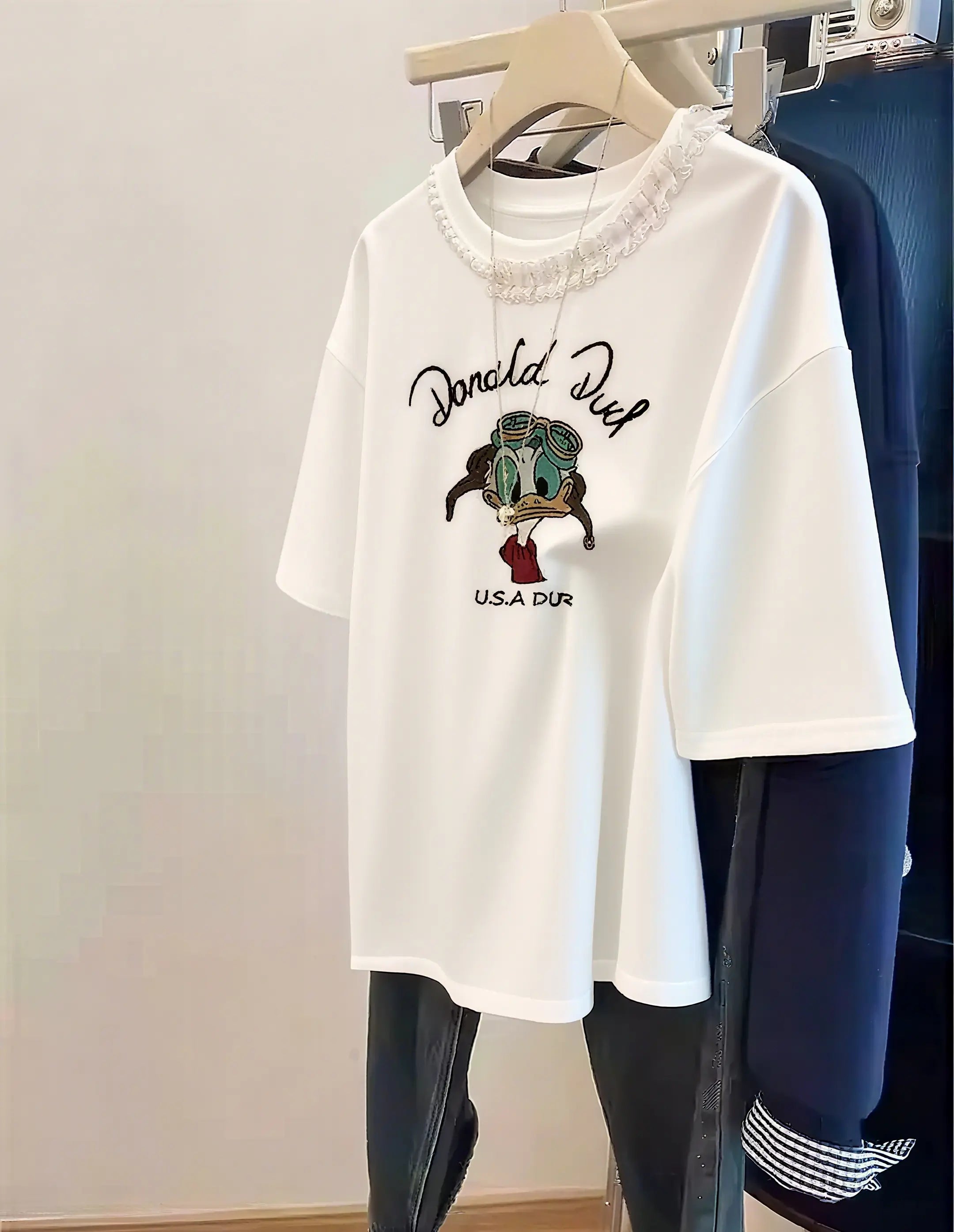 Slate Gray Lace-Trimmed T-Shirt with Hand-Sewn Beadwork