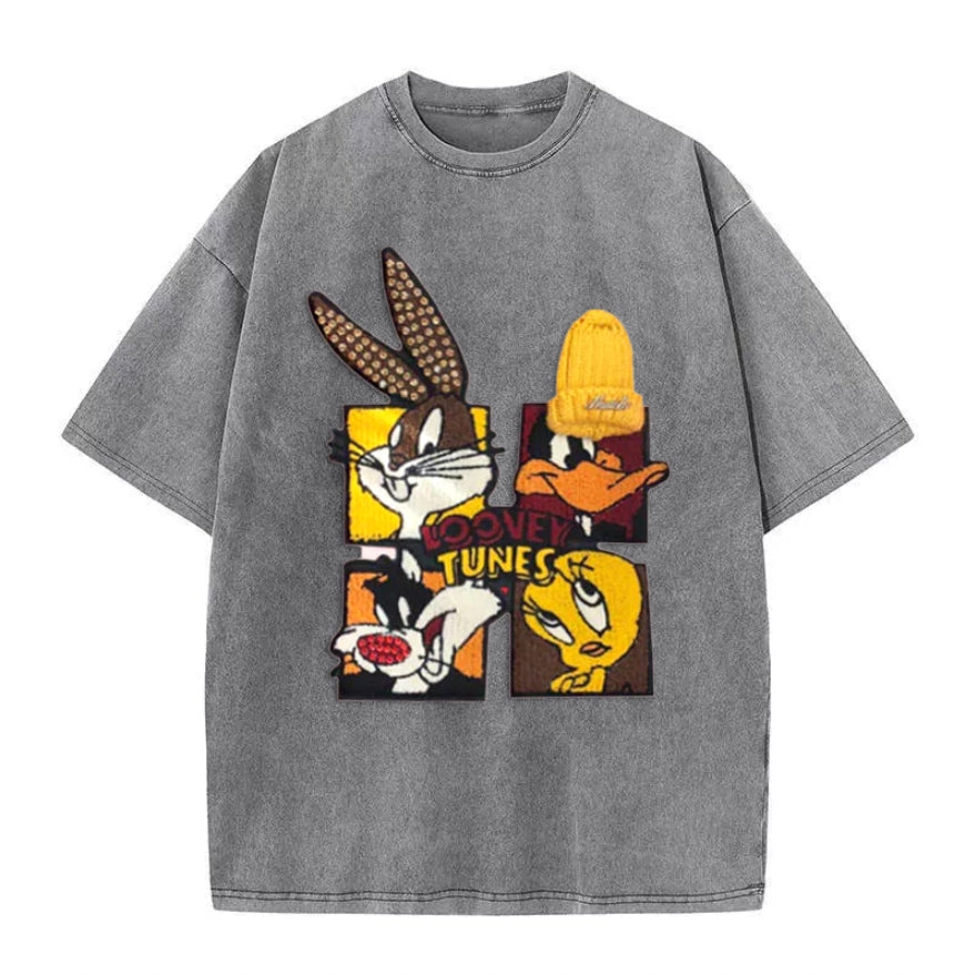 🐰Looney Tunes - Themed Washed - Out Pink T - shirt: Retro Cartoon Vibe