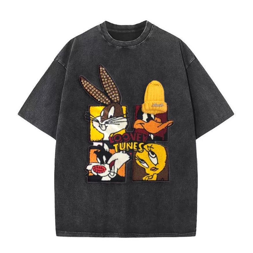 🐰Looney Tunes - Themed Washed - Out Pink T - shirt: Retro Cartoon Vibe