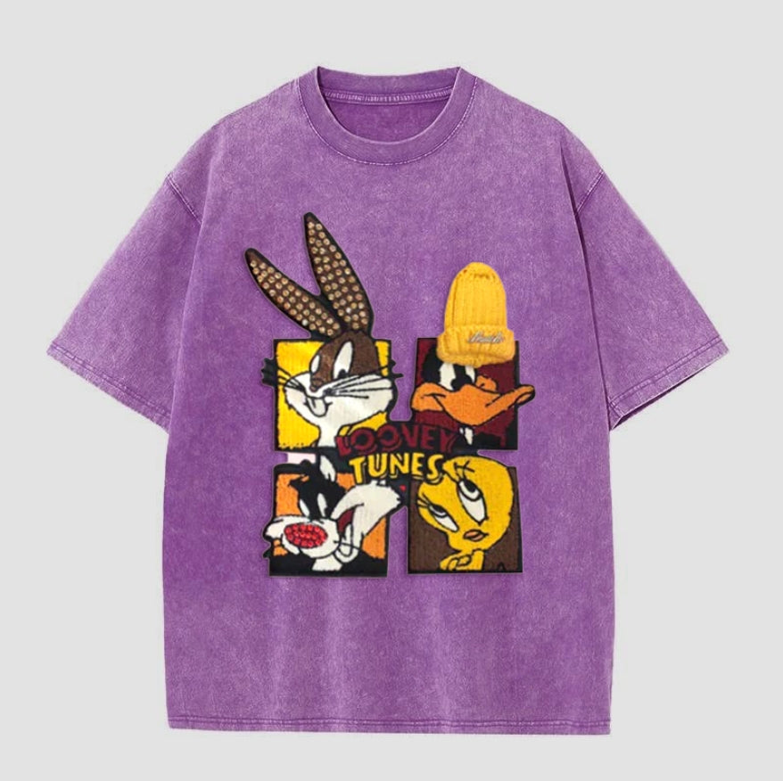 🐰Looney Tunes - Themed Washed - Out Pink T - shirt: Retro Cartoon Vibe