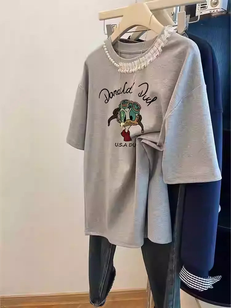 Slate Gray Lace-Trimmed T-Shirt with Hand-Sewn Beadwork