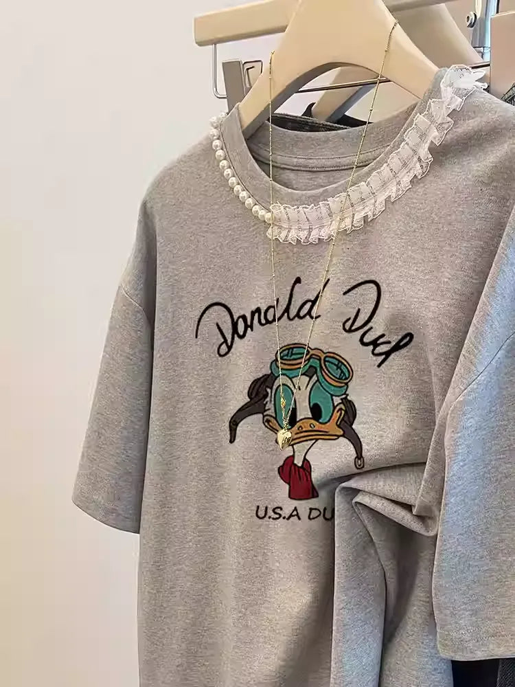 Slate Gray Lace-Trimmed T-Shirt with Hand-Sewn Beadwork