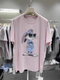Cartoon Diamond Embellishments + Embroidered Bead Sunglasses Bunny Short-Sleeve T-Shirt