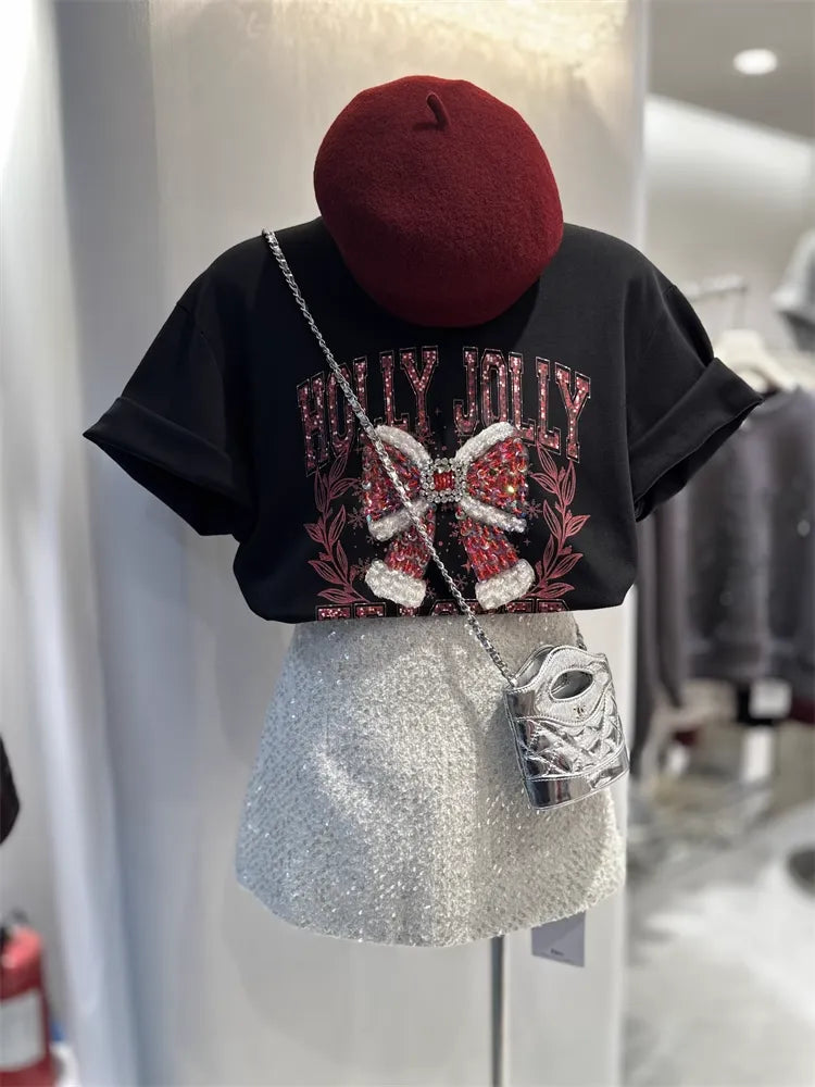 Heavyweight Diamond-Embellished Bow Cotton Short-Sleeve T-Shirt