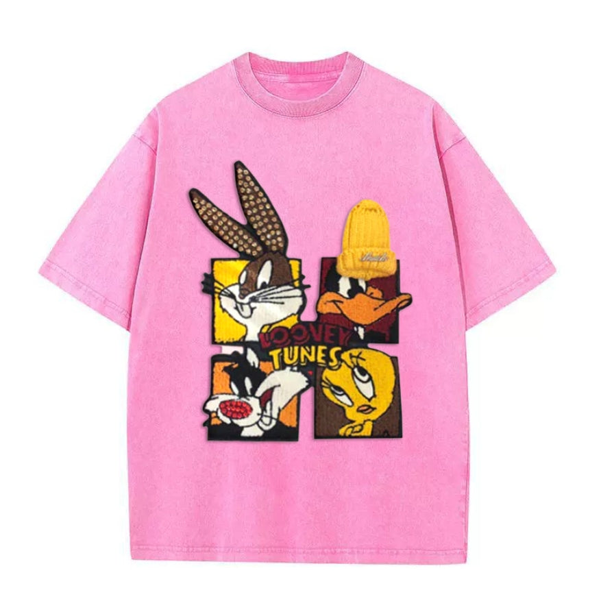 🐰Looney Tunes - Themed Washed - Out Pink T - shirt: Retro Cartoon Vibe