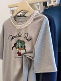 Slate Gray Lace-Trimmed T-Shirt with Hand-Sewn Beadwork