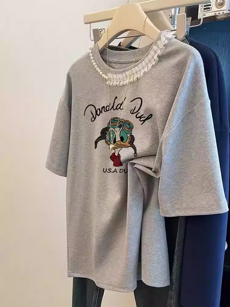 Slate Gray Lace-Trimmed T-Shirt with Hand-Sewn Beadwork