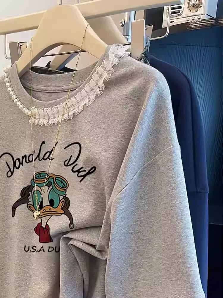 Slate Gray Lace-Trimmed T-Shirt with Hand-Sewn Beadwork