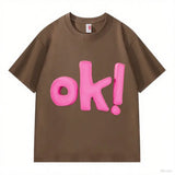 OK! Letter 3D - Decorated White T-shirts 💗 Unlock Casual Trendy Vibe-Pink
