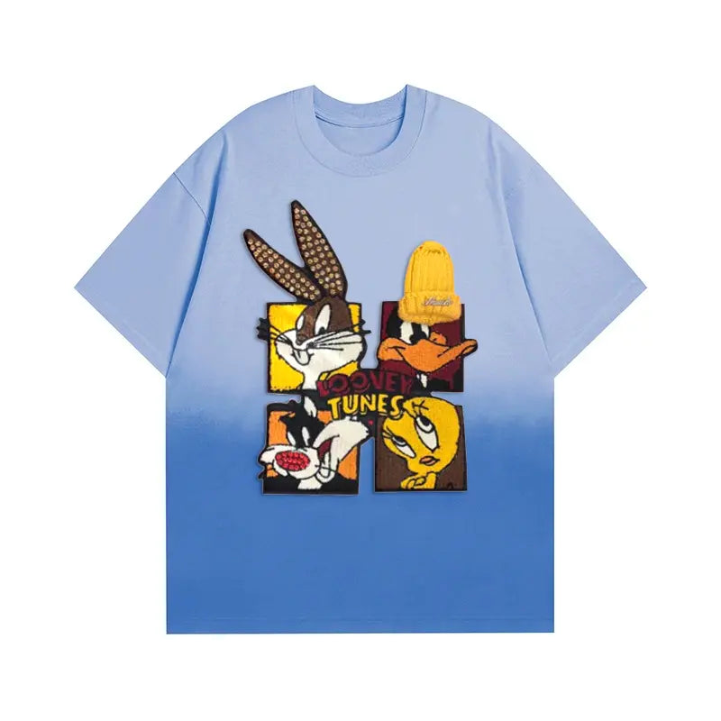 🐰Looney Tunes - Themed Ombre Blue T - shirt: Vibrant Cartoon Style