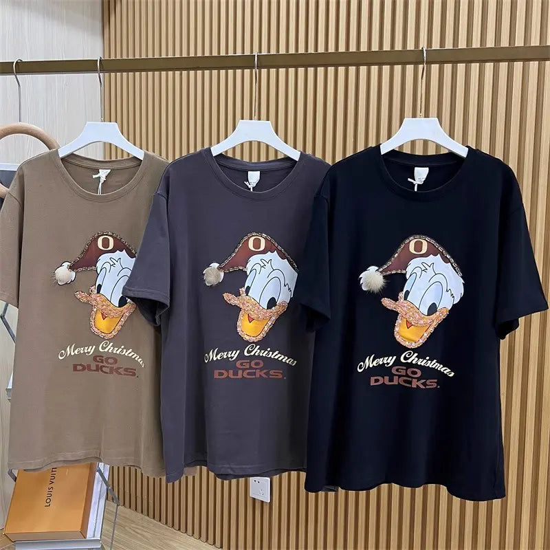 Full of Festive Feel! Donald Duck Rhinestone Christmas T - shirt
