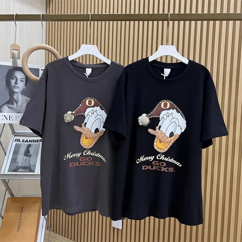 Full of Festive Feel! Donald Duck Rhinestone Christmas T - shirt