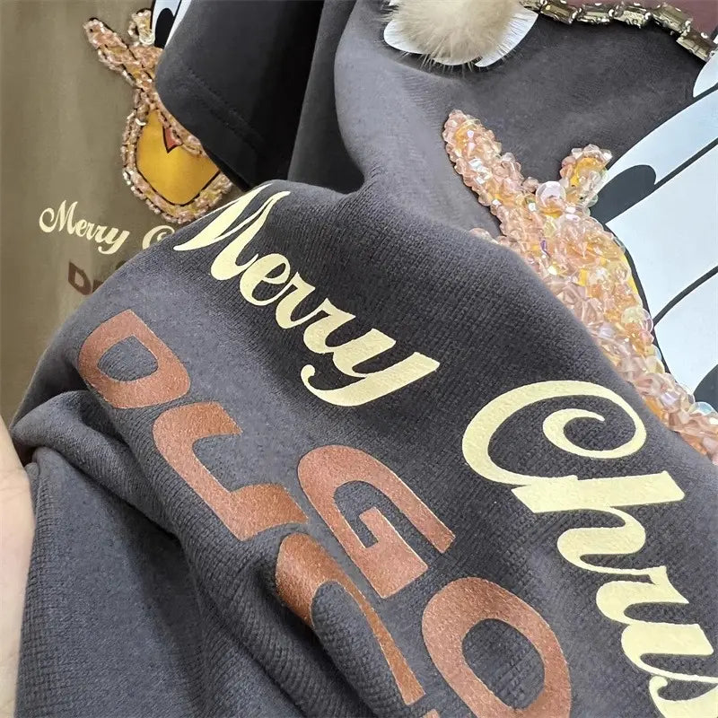 Full of Festive Feel! Donald Duck Rhinestone Christmas T - shirt